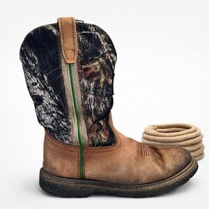 John Deere Camo Work Boots Mens 10 Wide JD4148 Pull On Leather Hunting Farm